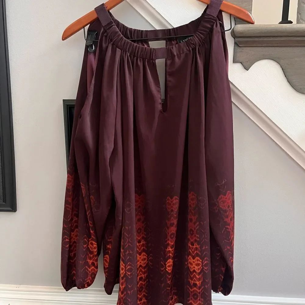 Lane Bryant Burgundy Rust Print Satin Coke Shoulder Tunic Blouse sz 18/20